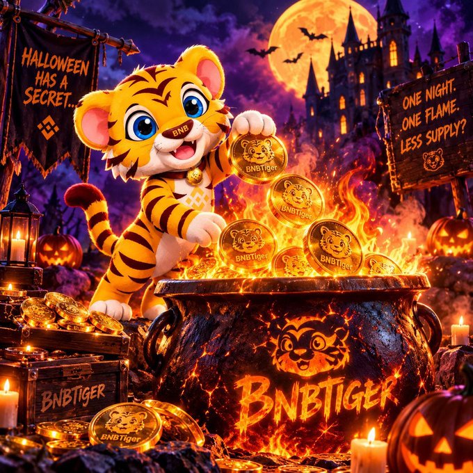 Halloween-themed crypto promo for 'BNB TIGER' token featuring a cartoon tiger holding gold coins over a cauldron, with banners reading 'HALLOWEEN HAS A SECRET...' and 'ONE NIGHT. ONE FLAME. LESS SUPPLY?'