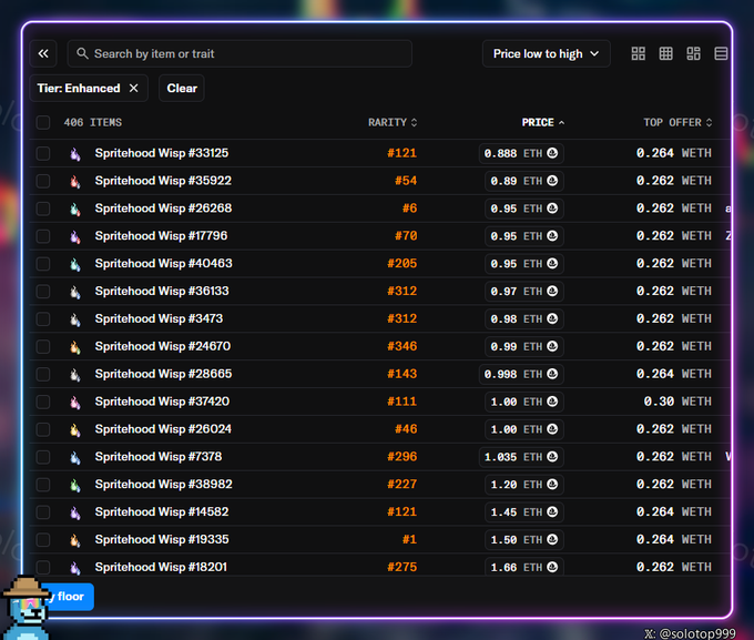 A dark-themed NFT marketplace listing 486 items filtered by 'Tier: Enhanced', showing various Spritehood Wisp items with their rarity rankings and prices in ETH.