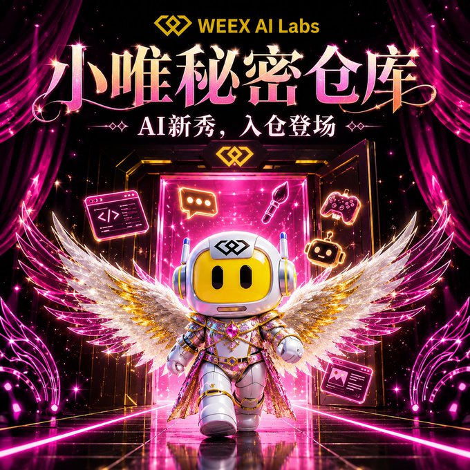 A promotional graphic for 'WEEX AI Labs' with Chinese text '小唯秘密仓库' (Xiao Wei Secret Warehouse) featuring a winged astronaut character.