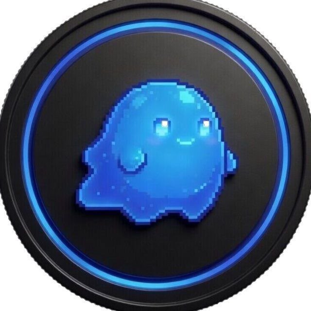 A black circular coin or token featuring a pixelated blue ghost-like character design in the center, surrounded by a glowing blue ring.