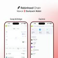 A promotional image for 'Robinhood Chain' showing a mobile app interface for moving money between wallets, with 'Spending' and 'Saved' screens visible.