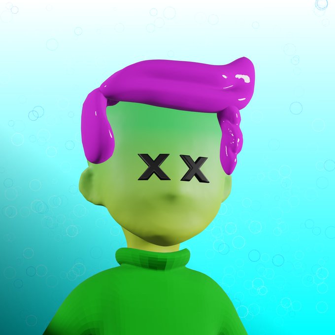 A 3D-rendered figure with green skin and bright purple hair stands against a teal background with bubbles; their eyes are replaced by black 'X' marks.