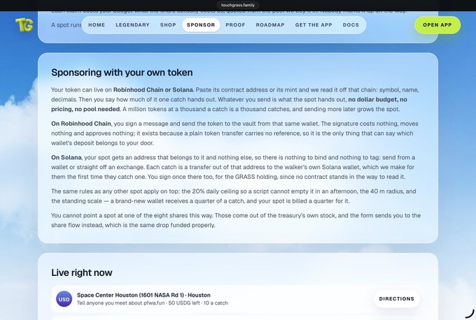 A webpage from touchgrass.family titled "Sponsoring with your own token" explains how to sponsor spots on the platform using tokens on Robinhood Chain or Solana, with a "Live right now" section showing a Space Center Houston location.