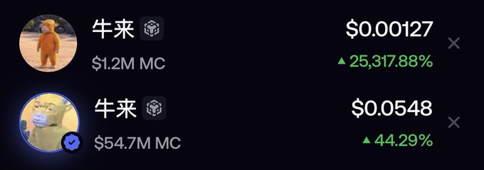 The image shows two listings for the meme token "牛来" (Niu Lai) — one on what appears to be Solana at a $1.2M market cap with a +25,317.88% gain at $0.00127, and another on BNB Chain at a $54.7M market cap with a +44.29% gain at $0.0548 — illustrating how traders are rushing to compete in buying up the BNB version of the token that has already reached a $60M market cap.