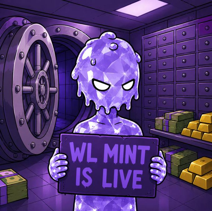 A digital illustration of a purple crystalline humanoid character holding a sign that reads 'WL MINT IS LIVE,' standing in a vault filled with gold bars and money.