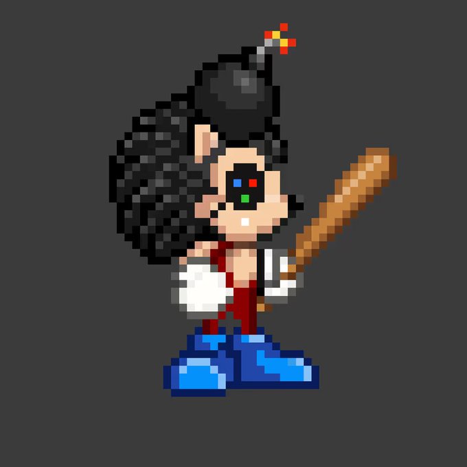 Pixel art character of a woman with curly black hair wearing a bomb with lit fuse on her head, holding a baseball bat, and wearing blue boots and a red top.