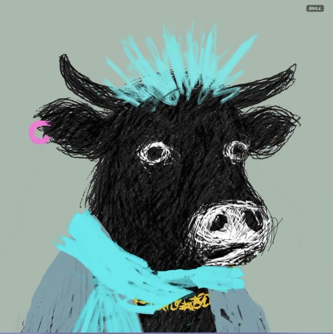 A digital sketch/drawing of a black bull or cow with horns, wearing a blue scarf, with bright turquoise blue hair/accents and 'BULL' watermark in the corner.