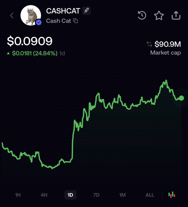 The image shows a cryptocurrency price chart for CASHCAT (Cash Cat), displaying a current price of $0.0909 with a 24.84% increase ($0.0181) over 1 day and a market cap of $90.9M. The chart illustrates a significant upward trend, supporting the post's claim that the token surged from a $35M market cap last week to nearly tripling in value, reflecting the broader pump mentioned.