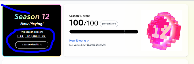 A digital dashboard displaying 'Season 12 Now Playing!' with a score of 100/100, a countdown timer, and a pink pixelated trophy emblem.