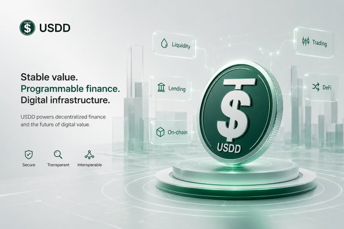 A promotional banner for 'USDD' stablecoin, displaying a large green coin with a dollar sign and the tagline 'Stable value. Programmable finance. Digital infrastructure.', alongside features like Liquidity, Trading, Lending, DeFi, and On-chain.
