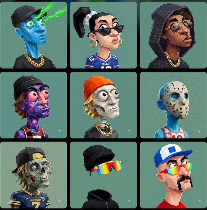 A 3x3 grid of stylized cartoon avatar illustrations featuring various character designs—including figures with green laser eyes, a hockey mask (Jason-style), a skull-faced character in a "NORTH DAKOTA 7" jersey, and others wearing sunglasses, beanies, and gold chains. The collection relates to the post by showcasing a fun, diverse array of NFT-style portrait "JPEGS" for collectors to enjoy.

Visible text includes "BILLS" on a blue jersey, and "NORTH DAKOTA 7" on a yellow/blue jersey.