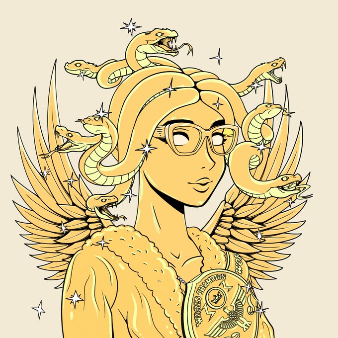 A stylized illustration of a woman with glasses and snake hair (Medusa-like) with wings, holding a championship belt, rendered in yellow tones with star sparkles.