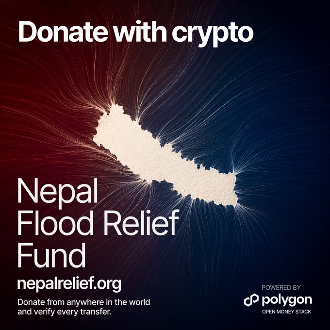 A promotional graphic for the Nepal Flood Relief Fund (nepalrelief.org) powered by Polygon, encouraging donations with crypto from anywhere in the world, featuring a stylized map of Nepal with flowing red and blue lines.