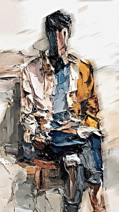 An expressionist oil painting depicts a seated, faceless figure rendered with thick, textured brushstrokes in earthy tones of white, blue, yellow, and brown.