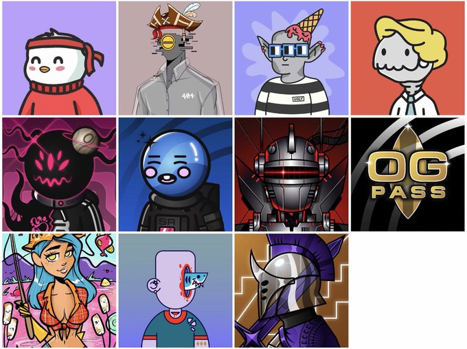 A grid of 11 cartoon character illustrations representing various NFT projects, featuring a penguin, a 404 character, a unicorn with an ice cream cone, a blonde-haired figure, a black monster, a blue astronaut, a metallic helmeted warrior, an "OG PASS" logo, a blue-haired character on a beach, a figure with a bleeding eye, and a knight in purple armor. The caption aligns with the post listing favorite NFT collections including @P3NGSNFT, @404s_ethereum, @SquigsNFT, @LongLostNFT, @SpaceRidersXYZ, OG Pass, @TheGoatLegacy, Abstrax/Ethereals, @MetaVixensNFT, and @Appreciators_IO.