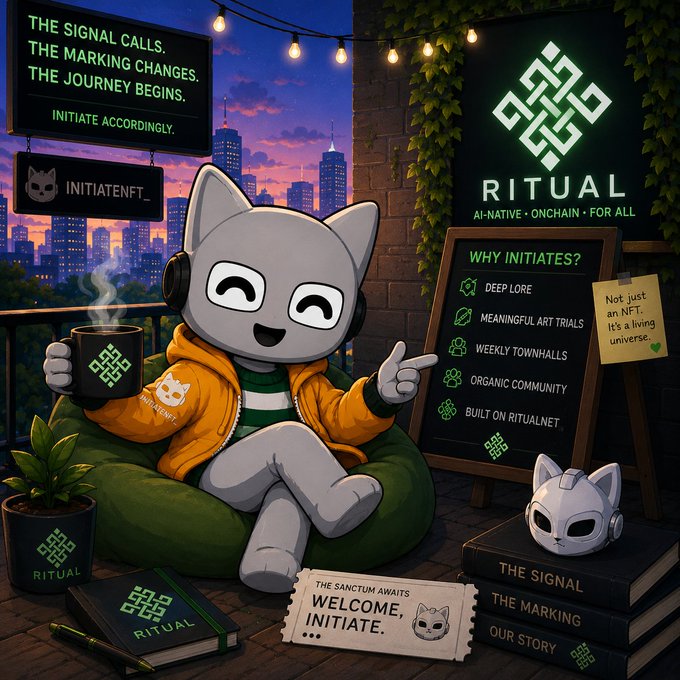 A promotional illustration for 'RITUAL' featuring a cartoon cat mascot in a yellow hoodie holding a mug, alongside text including 'THE SIGNAL CALLS. THE MARKING CHANGES. THE JOURNEY BEGINS. INITIATE ACCORDINGLY.' and 'WHY INITIATES? DEEP LORE, MEANINGFUL ART TRIALS, WEEKLY TOWNHALLS'.