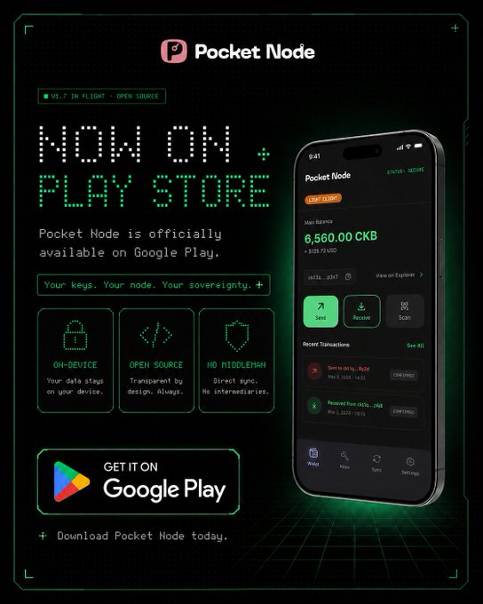 A neon green promotional graphic announcing 'Pocket Node' is 'NOW ON PLAY STORE', featuring a smartphone displaying the app's interface with a 6,560.00 CKB balance and a 'GET IT ON Google Play' button.