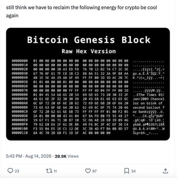 A social media post showing the raw hex version of the Bitcoin Genesis Block, discussing reclaiming energy for crypto, posted on August 14, 2026.