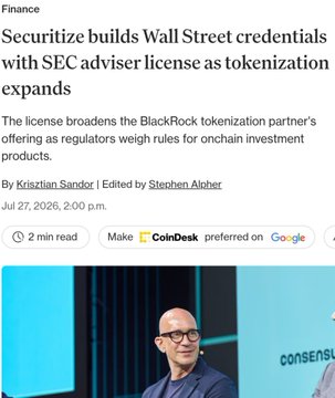 This article from July 27, 2026, discusses Securitize obtaining an SEC adviser license, expanding tokenization offerings amid evolving regulations, and relates to the firm's NYSE ticker $SEC.