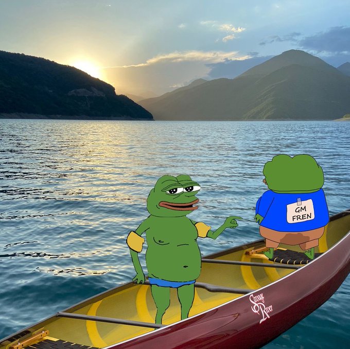 Two Pepe-style cartoon frogs—one wearing blue trunks pointing, the other wearing a blue shirt labeled "GM FREN"—stand in a canoe on a calm lake at sunset. The peaceful yet determined scene mirrors the poster's message of perseverance through tough times, suggesting they remain "GM FRENs" focused on the upcoming RiseX and Perpl point drops before their comeback.