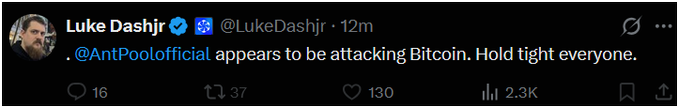 A verified tweet from Luke Dashjr (@LukeDashjr) reads, ".@AntPoolOfficial appears to be attacking Bitcoin. Hold tight everyone," posted 12 minutes prior with 16 replies, 37 retweets, 130 likes, and 2.3K views. The caption "My body is ready" humorously contrasts the casual, anticipatory tone with Dashjr's urgent warning of a Bitcoin mining pool attack.