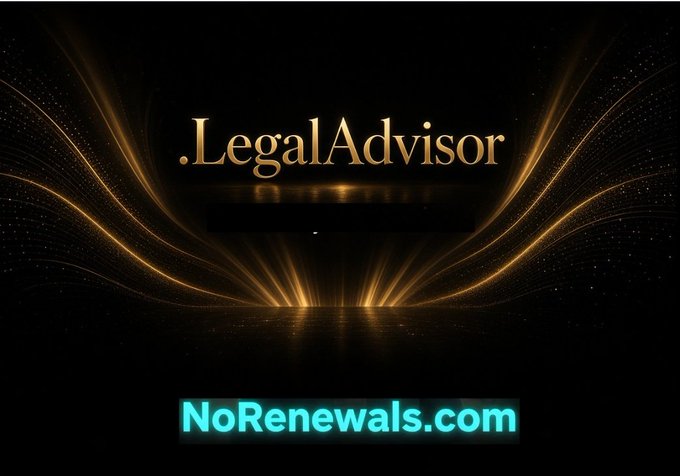An elegant gold and black banner displays the text ".LegalAdvisor" above "NoRenewals.com" with radiant golden light streams emanating from the center.