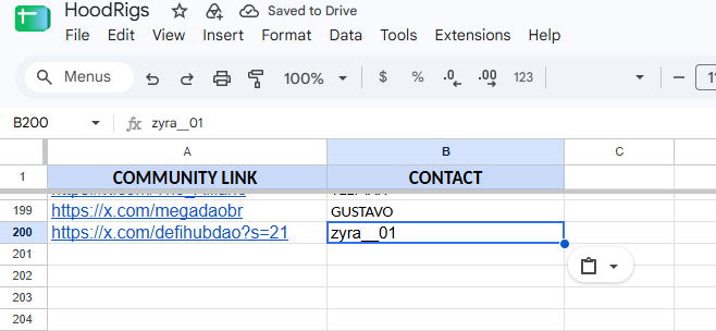 The image shows a Google Sheets document titled "HoodRigs" with columns labeled "COMMUNITY LINK" and "CONTACT," displaying entries such as "https://x.com/megadaobr" and "https://x.com/defihubdao?s=21" alongside contacts like "GUSTAVO" and "zyra_01." It serves as a tracking sheet for the first 200 community participants in the @hoodrigs_ collaboration campaign mentioned in the post.