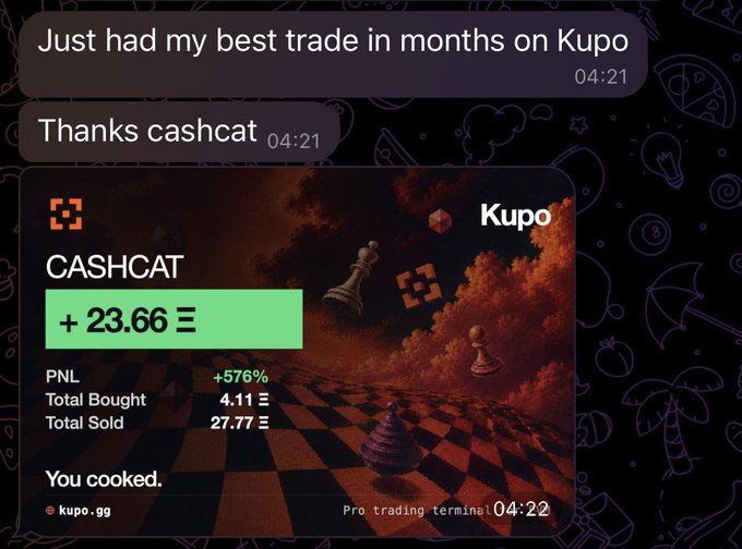 Screenshot of a Telegram chat showing a user celebrating 'Just had my best trade in months on Kupo' with a thanks message, alongside a Kupo trade receipt for 'CASHCAT' showing +23.66 Ξ profit (+576% PNL) and the message 'You cooked.'