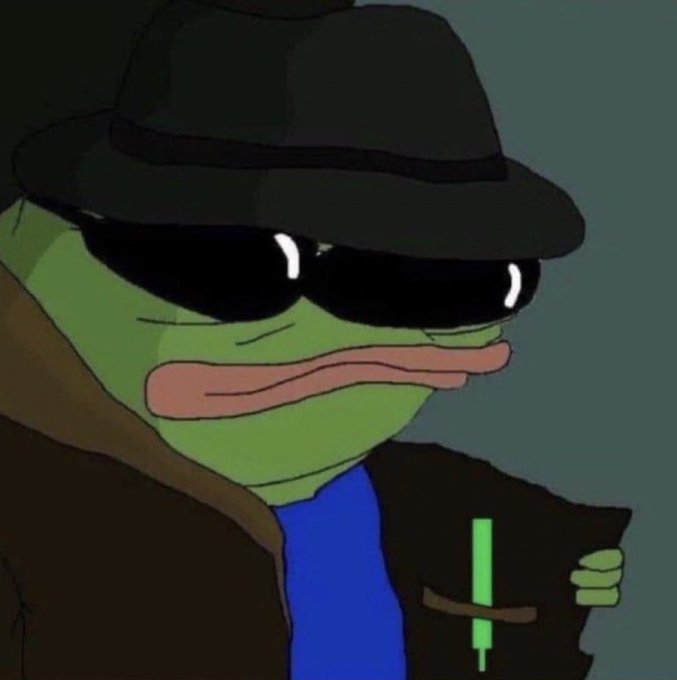 A cartoon frog character wearing a black fedora hat, sunglasses, and a dark jacket over a blue shirt, giving off a 'cool guy' vibe against a dark green background.