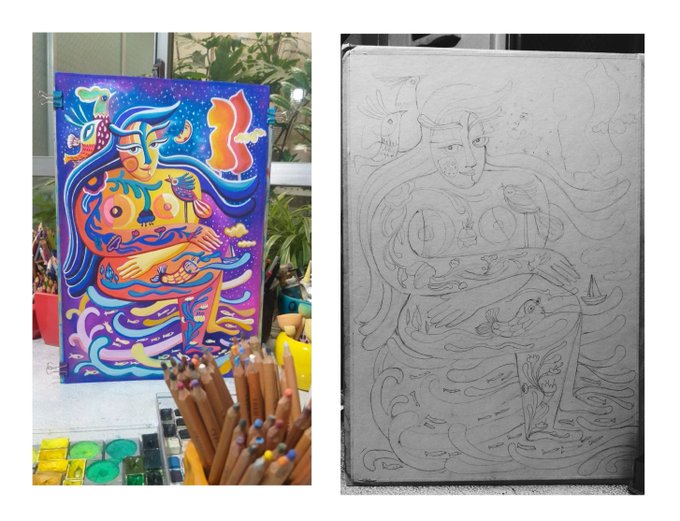 A side-by-side comparison shows a vibrant, colorful painting of a woman surrounded by nature on the left, alongside its preliminary pencil sketch on the right.