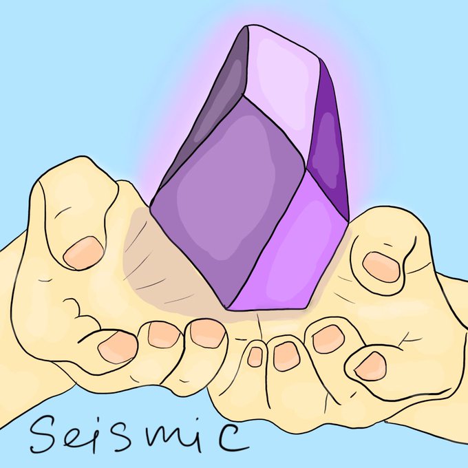 A cartoon illustration depicts two hands holding a glowing purple crystal, with the word 'Seismic' written below on a light blue background.