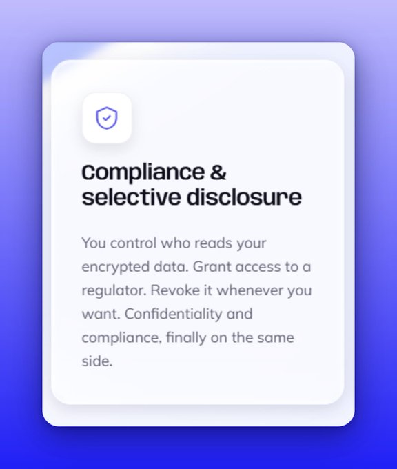 A purple-themed card titled 'Compliance & selective disclosure' explaining encrypted data access control for regulators.