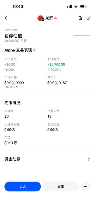 The image shows a cryptocurrency trading app displaying "龙虾" (Lobster) token with a total asset value pause alert of 29,390,207. The trading performance shows -$2,700.35 (-100%) loss with a market price of $0.00419909, visually confirming the post's lament about losing $2,700 on a worthless meme coin that turned out to be a scam.