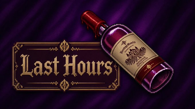 A promotional graphic featuring a 'Last Hours' banner in ornate gold lettering next to a bottle labeled 'Hometown's Best Bourbon Whiskey' against a dark purple fabric background.