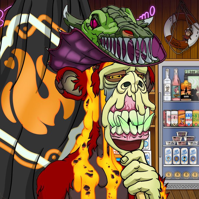 A cartoon illustration featuring a green zombie-like creature with sharp teeth wearing a purple hat, with lava/fire elements, set against a background showing a refrigerator with beer bottles and a 'PIZZA' sign.