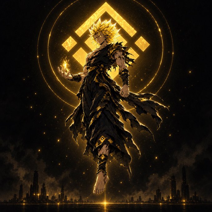 Anime artwork depicting a spiky blonde-haired warrior in torn black robes, with golden flame in hand, standing before a glowing geometric symbol against a dark cityscape.