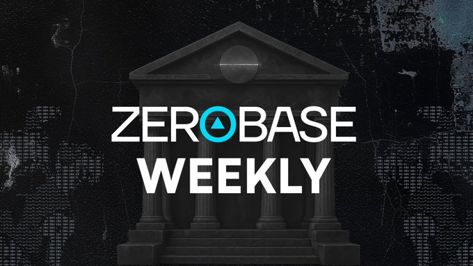 The image is a dark, textured banner featuring a classical building facade with columns and a triangular pediment, overlaid with the bold white text "ZEROBASE WEEKLY" and a teal circular logo replacing the "O" in "ZEROBASE." It serves as the header graphic for a weekly crypto market recap on Zerobase's ZBT token, which traded in the $0.110–$0.124 range between July 27 and August 2, dipping mid-week before recovering to close near $0.122.