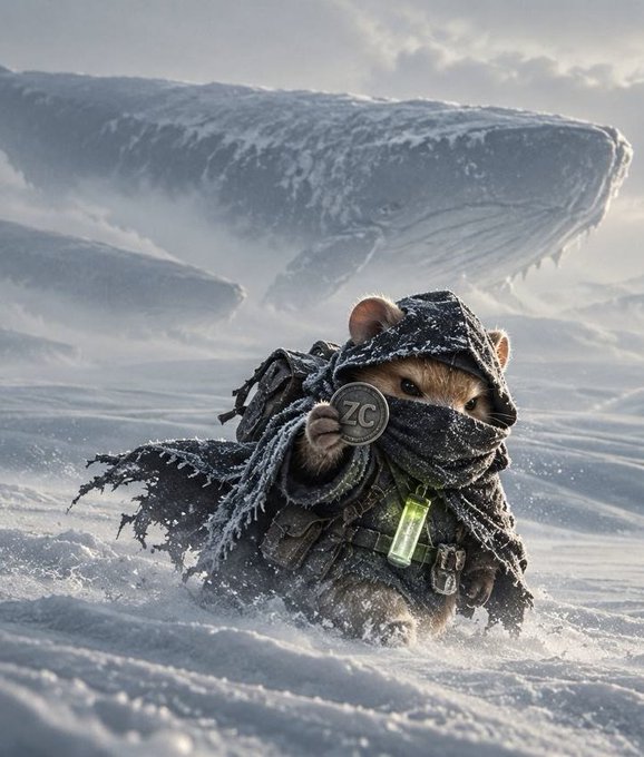 A digital artwork depicting a small animal character dressed as a rugged explorer in a snowy arctic landscape, wearing tactical gear and holding a 'ZC' coin, with large whale-like creatures visible in the background.