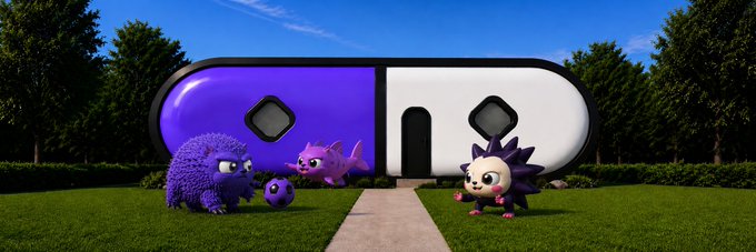 A 3D animated scene shows four colorful monster characters playing with a ball in front of a modern, capsule-shaped purple and white house set in a grassy landscape.