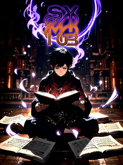 An anime-style illustration of a dark-haired young man in a red cloak reading an open book, seated on the floor surrounded by scattered open books, with purple magical energy and 'SYMOB' text floating above him in a library.