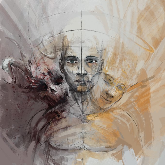 A mixed-media artistic portrait features a central male face overlaid with sketch lines, accompanied by ghostly secondary faces and surrounded by dark and orange painted textures.