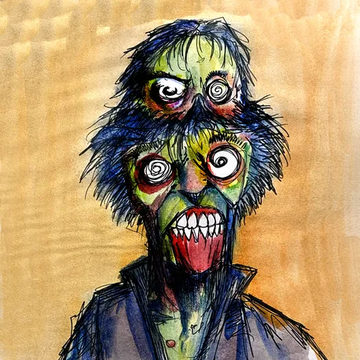 A colorful, stylized illustration depicts a grotesque zombie-like character with bulging, swirled eyes, green and blue skin, and a wide grin exposing sharp teeth.