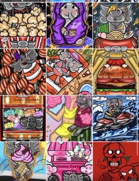 A grid of colorful cartoon NFT-style illustrations featuring various food items, characters, and animals including pizza, burgers, ice cream, and figures in beachwear.