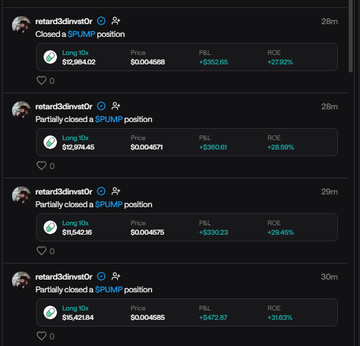 The image shows a Twitter/X feed displaying multiple rapid trading alerts from user "retard3dimwit0r" regarding a $PUMP position, with the most recent post showing a closed position yielding a +27.90% ROI ($352.05 P&L) on a 10x long trade at an entry of $0.004568, followed by partial closures at +28.39%, +29.45%, and -31.65% ROE. This aligns with the post highlighting how Liquid.trade's trade feed allows users to follow profitable traders making quick moves on $PUMP, illustrating the platform's ability to capture real-time profitable trades like the one shown.