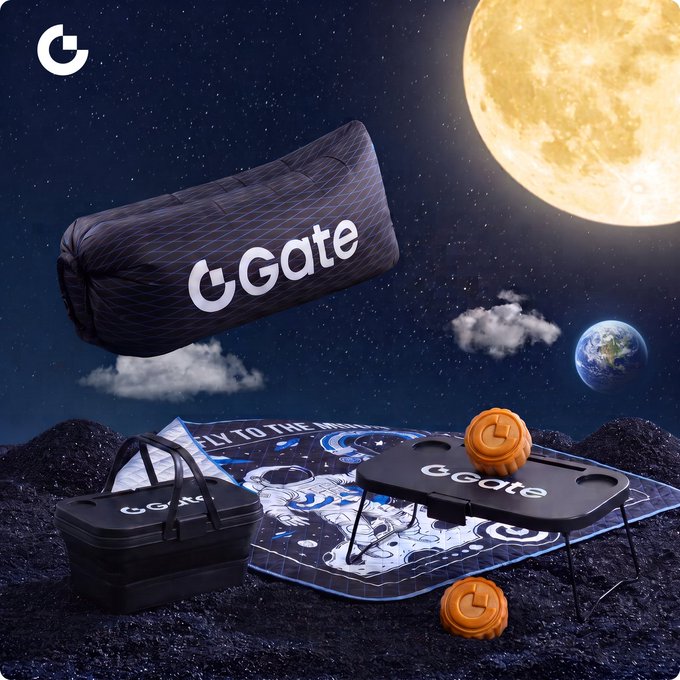 Promotional image showing camping accessories including a 'Gate' branded bag, table, and mat set against a lunar landscape with Earth in the background, featuring the 'G' logo.