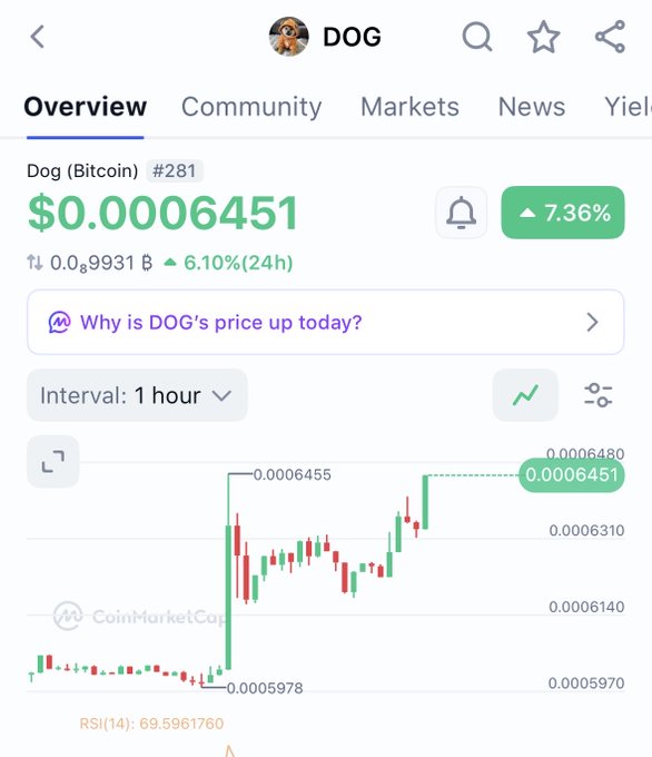 A CoinMarketCap screenshot showing the DOG (Dog Bitcoin) token at $0.0006451, up 7.36% over 1 hour.