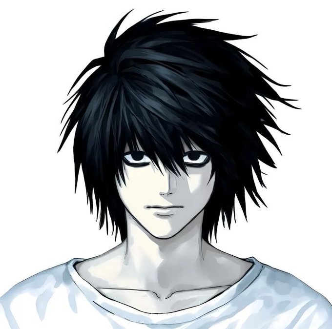 An anime-style illustration of a character with messy black hair, pale skin, and dark eyes wearing a white shirt.