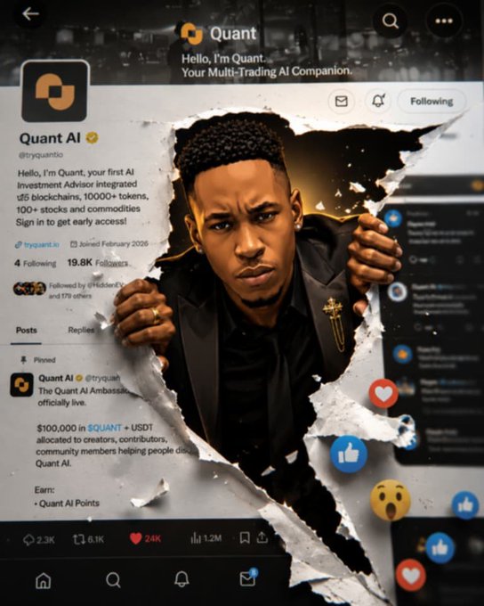 The image features a man with a serious expression, peeking out from behind a tear-shaped hole or a paper cutout that resembles a person's face. The background of the image shows various social media icons such as Facebook, Twitter, and Instagram logos. The caption on the image reads "Focus on what is in the image and how it relates to the post". This suggests that the man might be discussing the importance of focusing on the content or message behind a particular post, which could be related to the post about GM-Builders or the @tryquantio Ambassador program.