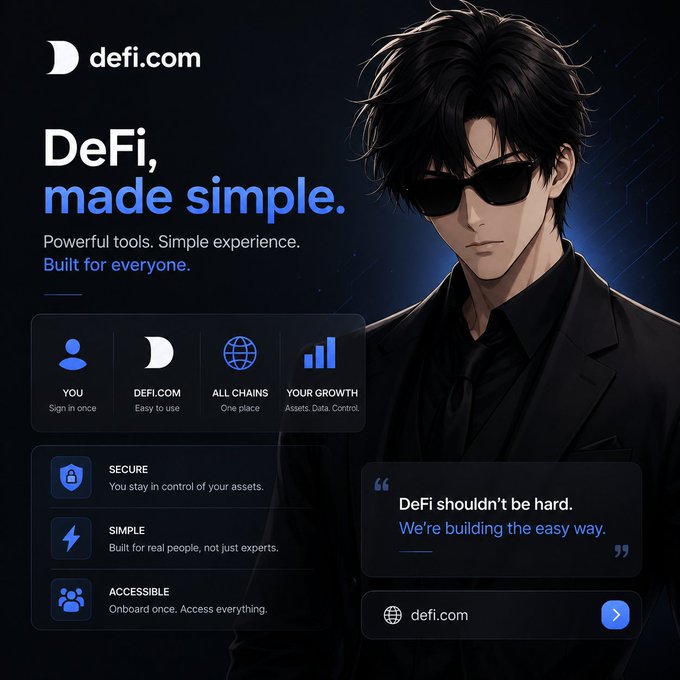 An advertisement for 'defi.com' featuring an anime-style man in sunglasses, with text 'DeFi, made simple. Powerful tools. Simple experience. Built for everyone.'