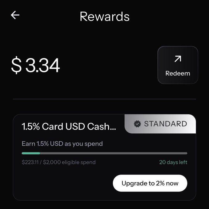 The image shows a credit card reward screen with a black background and white text. The main focus of the image is a credit card reward screen, which displays information about the rewards program for the user's card. It also includes details on how much money can be earned from the rewards points and an option to upgrade the rewards status.
